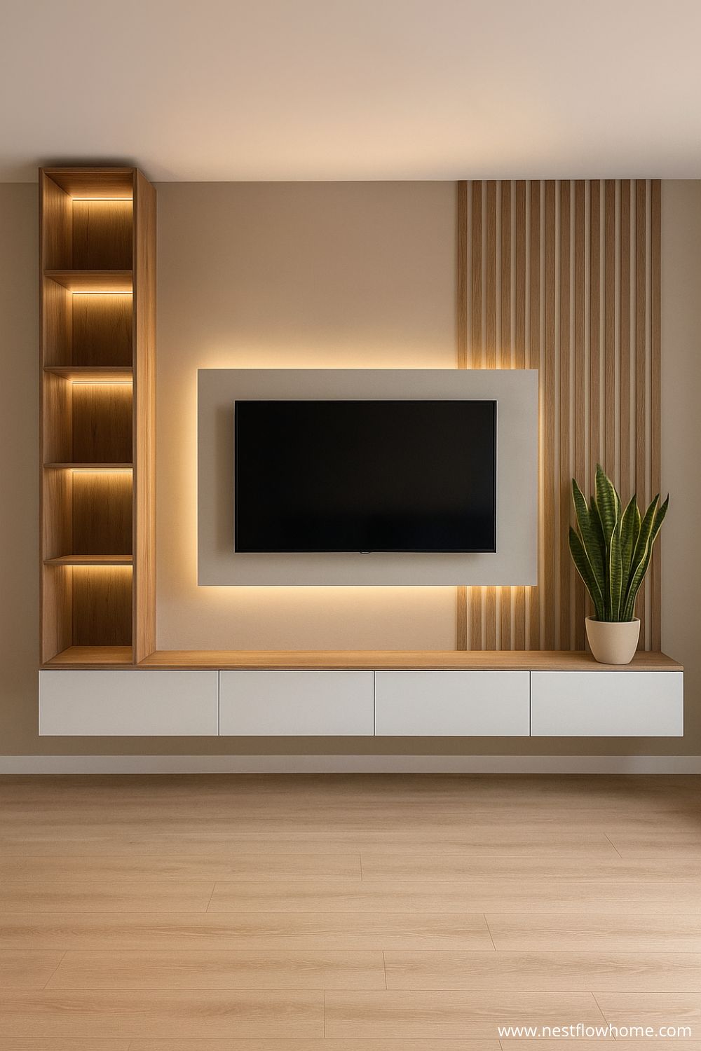 Fitted TV wall console with high-quality wood panels